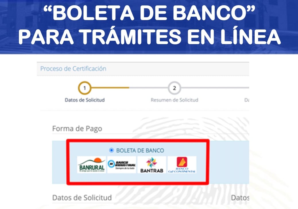 Boleta de banco para trámites en línea de RENAP